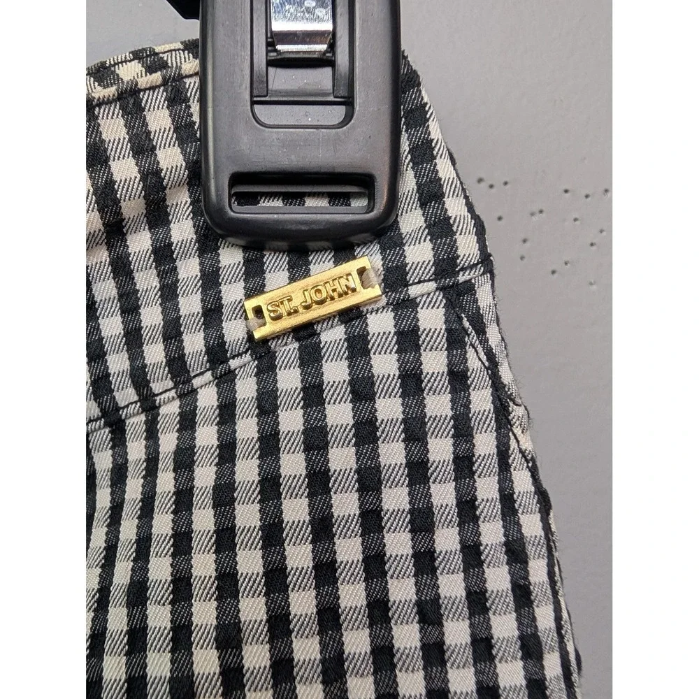 St. John Pants Women 4 Black White Gingham Straight Leg Gold Logo Trousers
